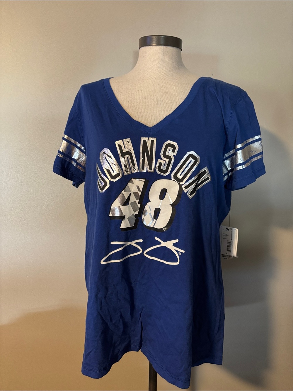 Nascar Blue 'Johnson 48' V-Neck Tee with Silver Accents